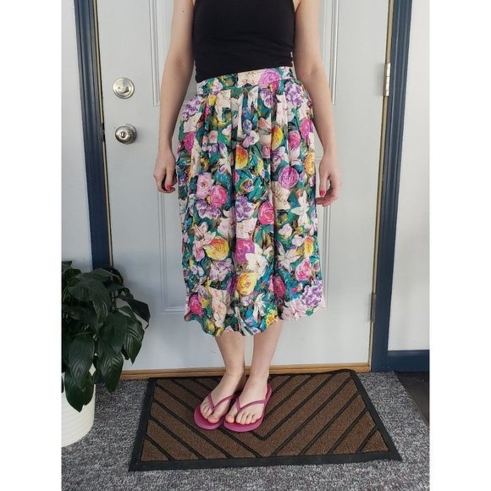 Vintage 90s Multicolor Floral Midi‎ Skirt